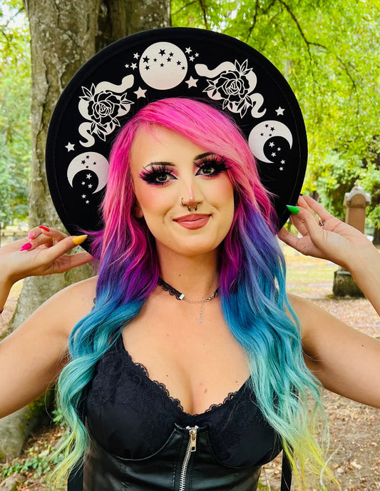 Vegan Felt Wide Brim Hat - Flat Top XL Brim - "Floral snake moon phase" -  -