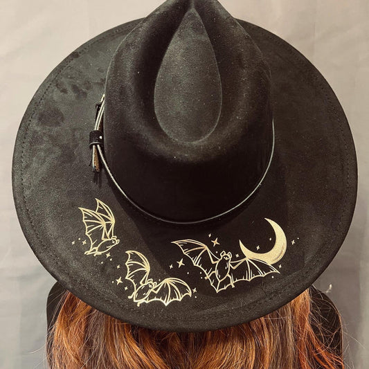 Vegan SUEDE Wide Brim Hat - XL Brim - Foiled Batty Moon -  -