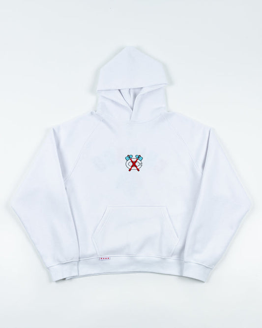 white oversized hoodie with Chicago Blackhawks secondary logo embroidered on front chest and Chicago wordmark and four feathers logo embroidered on back - front lay flat