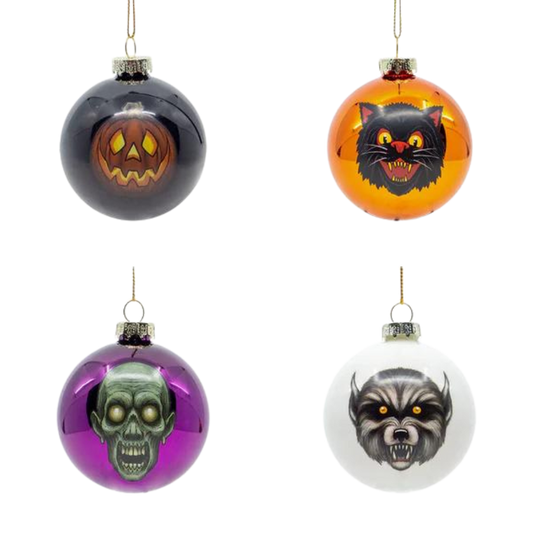 Ghoulish Glass Ornaments 4 Pack - Halloween Glass Baubles - Spooky Christmas Decorations -  - Holiday Ornaments