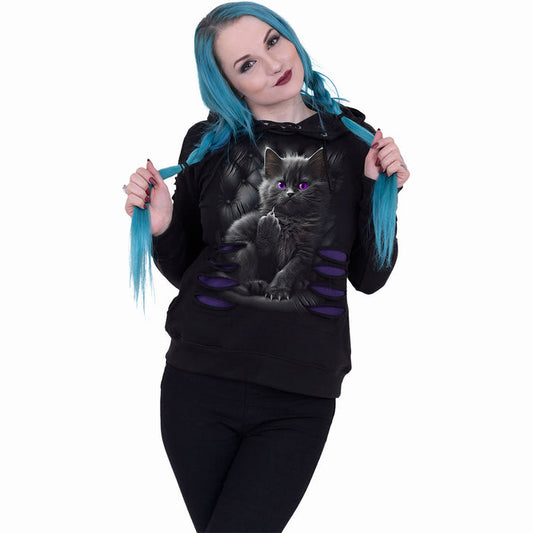 CATTITUDE - Large Hood Ripped Hoody Purple-Black -  - Hoodies