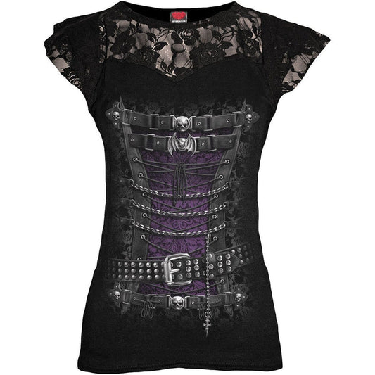 WAISTED CORSET - Lace Layered Cap Sleeve Top Black -  - Tops - Short Sleeve