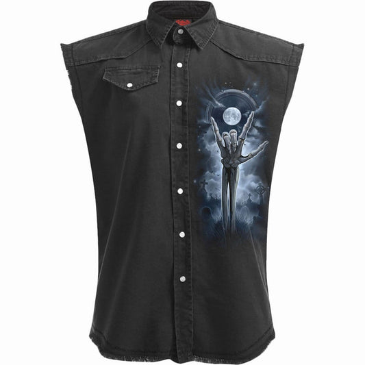 Grim Rocker Sleeveless Stone Washed Worker Black - Gothic Denim Vest - Alternative Fashion -  - Vest