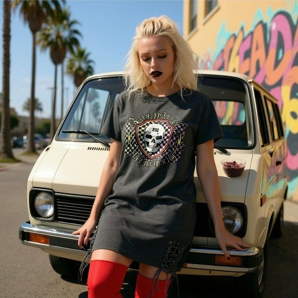 Hot Topic Ride Free Skull Graphic Grey Acid Wash T-Shirt Dress