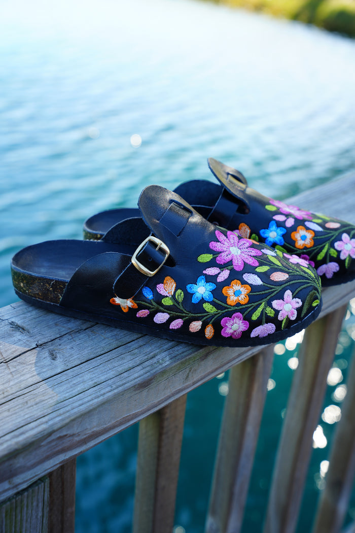 Jardin Embroidery Leather Clogs