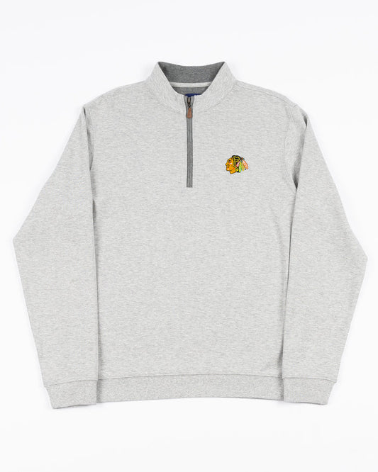 grey johnnie-o quarter zip with Chicago Blackhawks primary logo embroidered on left chest - front lay flat