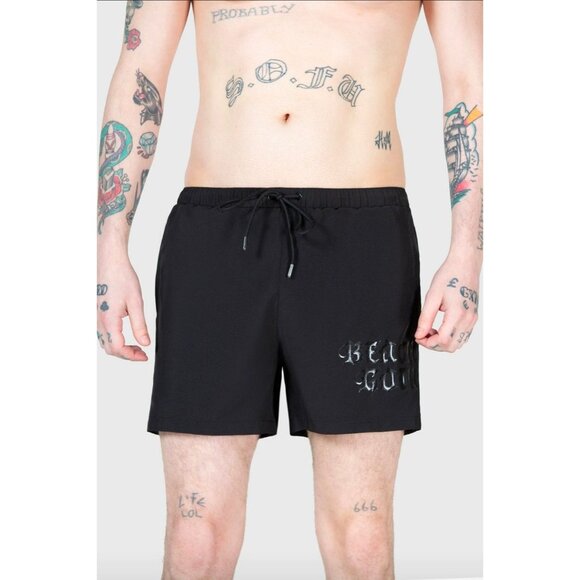 Killstar Dive Into Hell Beach Goth Swim Shorts with Foil Detail