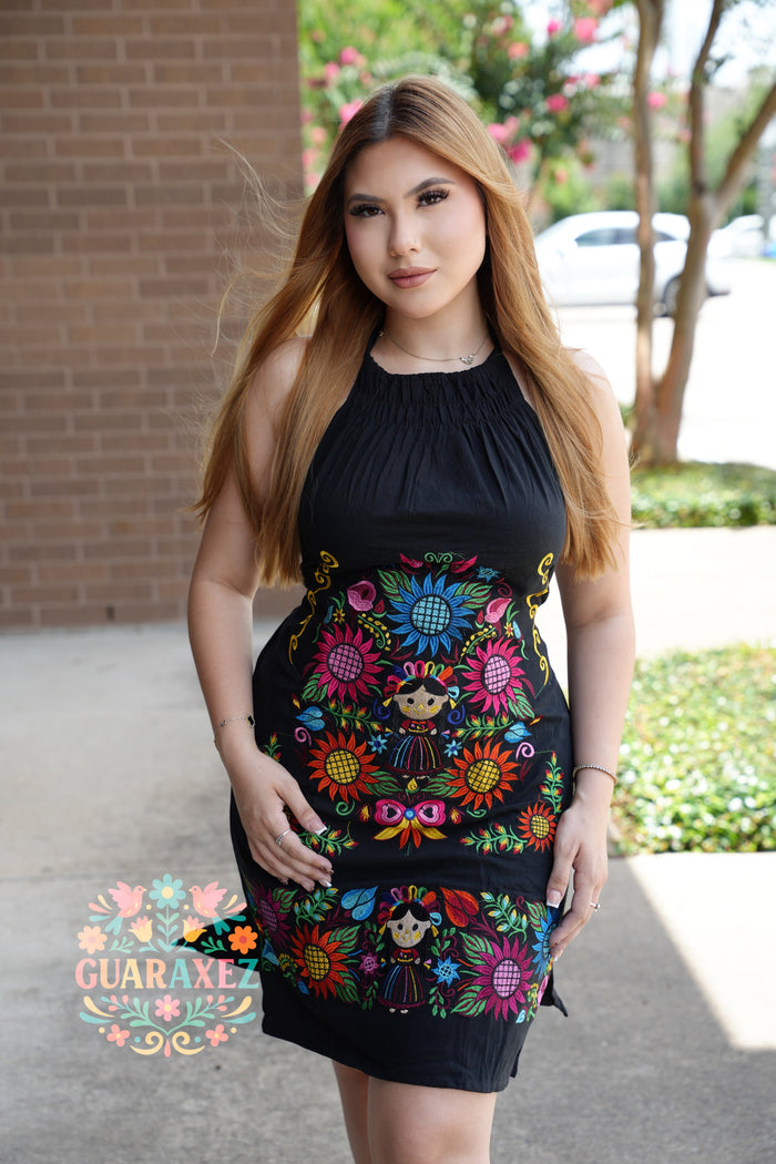 Lele Flowers Embroidery Black Dress