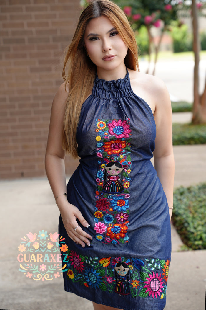 Lele Flowers Embroidery Denim Dress
