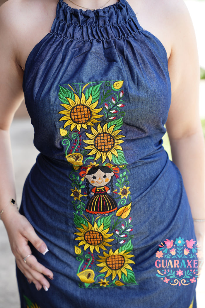 Lele Sunflower Embroidery Denim Dress