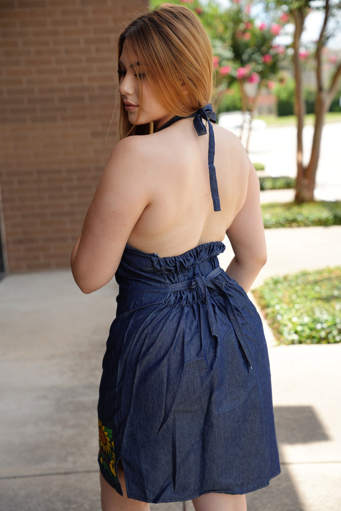 Lele Sunflower Embroidery Denim Dress
