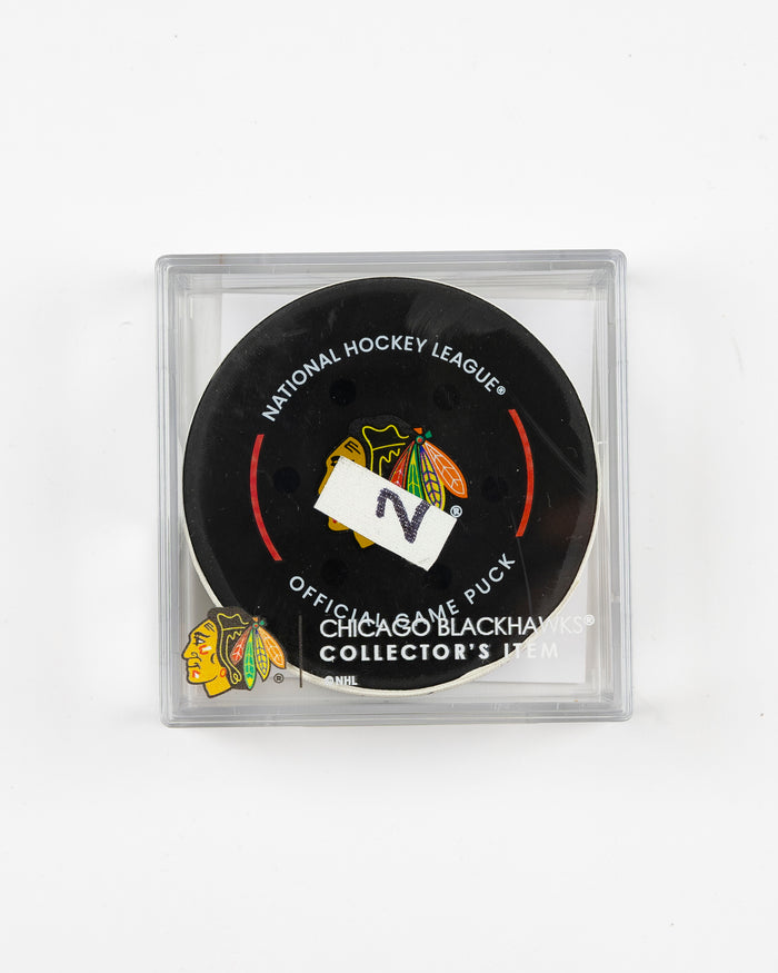 official Chicago Blackhawks game-used goal puck scored by Lukas Reichel on February 5, 2025 - front lay flat in case