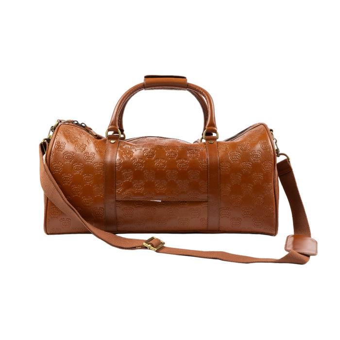 Lusso brown genuine leather duffle bag with embossed Chicago Blackhawks secondary logos throughout - front lay flat