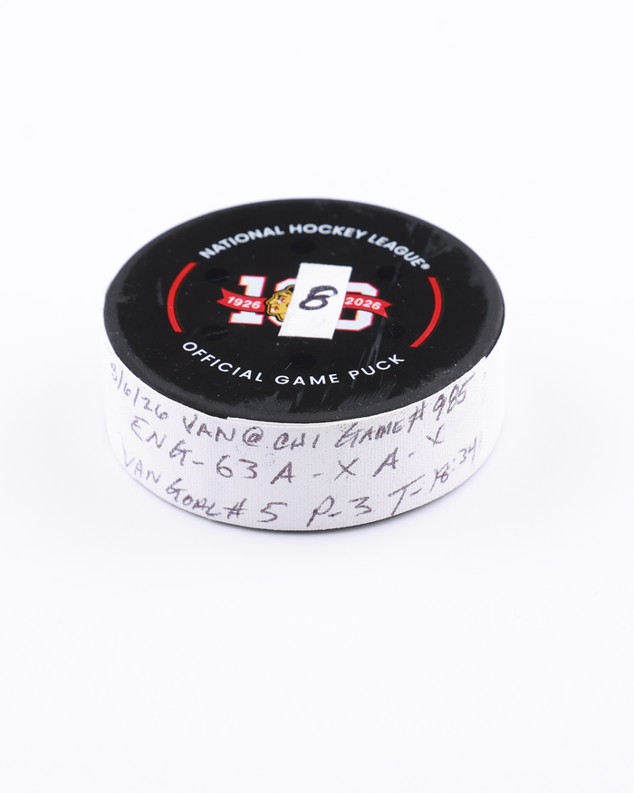 Max Sasson (VAN) Game-Used Goal Puck 25229