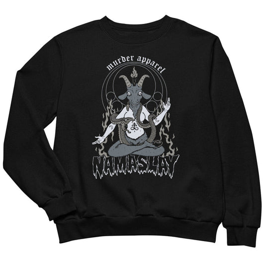 Black sweatshirt with a graphic design and text on a white background