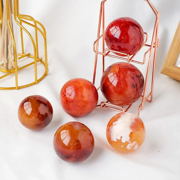 Natural Red Agate Carnelian Crystal Sphere – Decorative Healing Stone for Reiki & Home Décor -  - Crystals