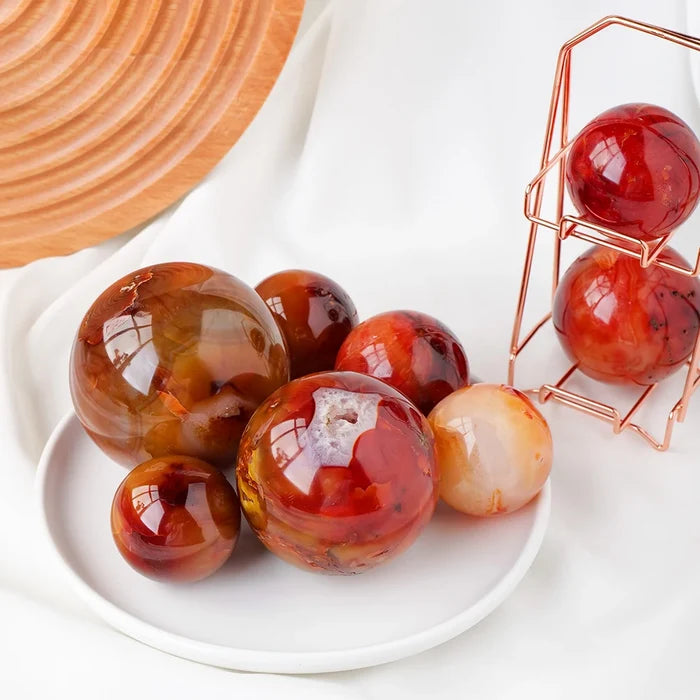 Natural Red Agate Carnelian Crystal Sphere – Decorative Healing Stone for Reiki & Home Décor -  - Crystals
