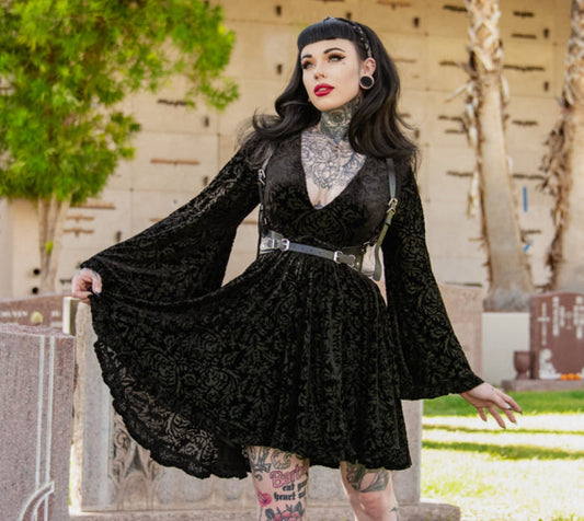 Nyx - Bell Sleeved Velvet Damask Dress with Harness - READY TO SHIP! -  -