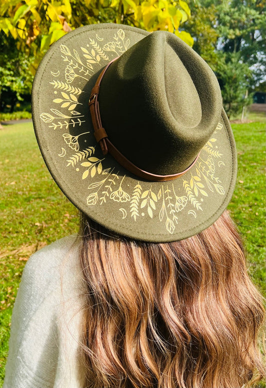 Fox & Fable - Vegan Felt Wide Brim Hat - XL Brim - Olive - Botanicals -  -