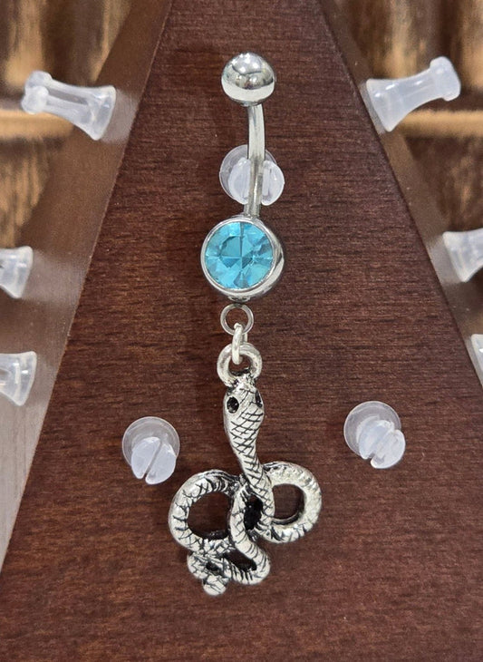 Painful Pleasures Blue Gem Snake Charm Navel Ring in 14G Surgical Steel