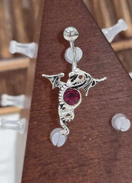 Painful Pleasures Dragon Navel Ring in 14G Surgical Steel with Ruby Red Gem