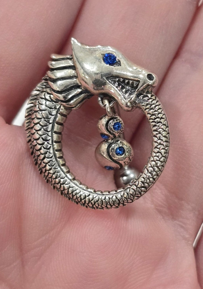 Painful Pleasures Dragon Ouroboros Navel Ring in 14G Surgical Steel with Blue Gems
