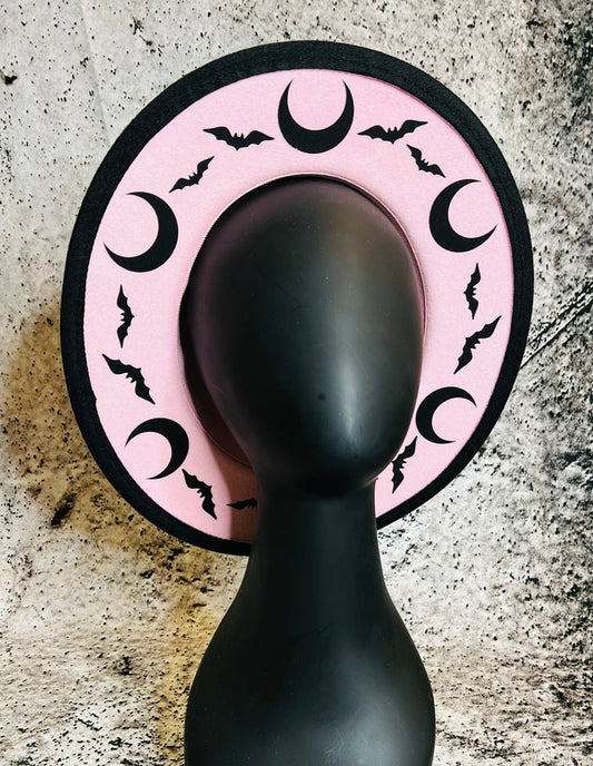 Vegan Felt Wide Brim Hat - "Pastel Pink Bat Moon" -  -