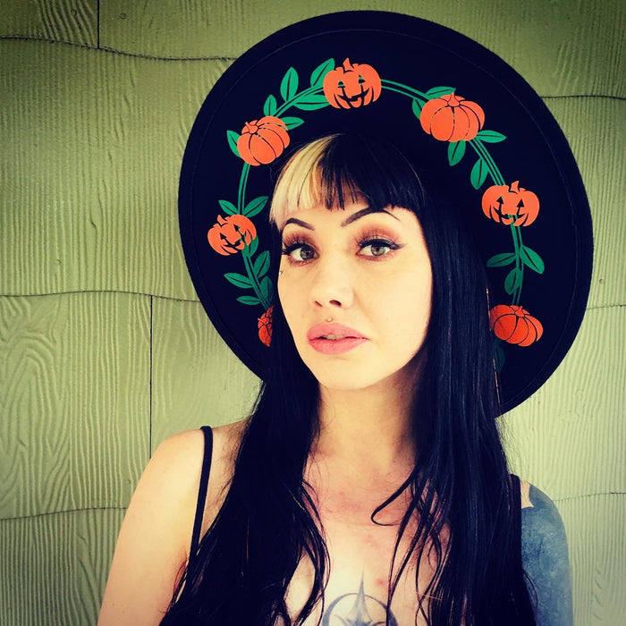 Vegan Felt Hat - XL Brim - Pumpkins -  -