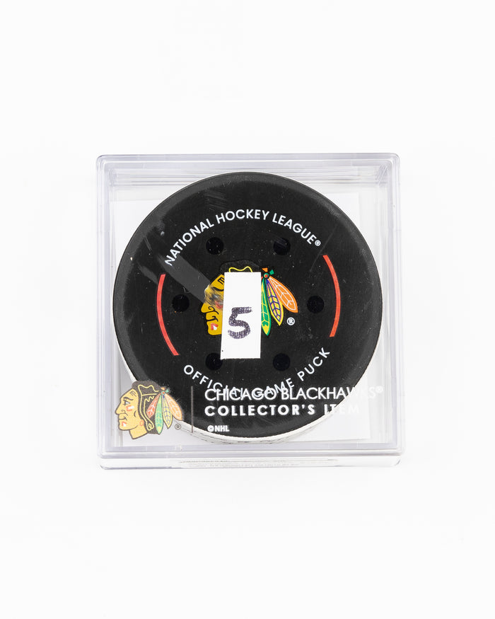 official Chicago Blackhawks game used goal puck scored by Ryan Donato against the Carolina Hurricanes on January 20, 2025 - front lay flat in case