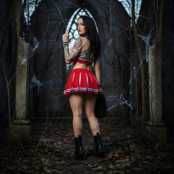 Satan’s Cheerleader Costume Set with 666 Top, Pleated Skirt & Pom Poms