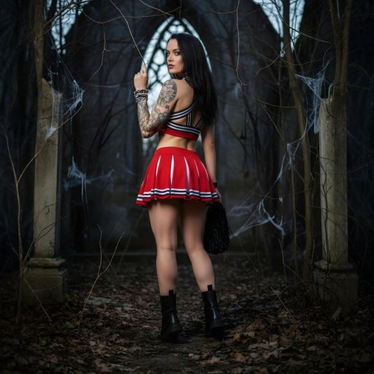 Satan’s Cheerleader Costume Set with 666 Top, Pleated Skirt & Pom Poms