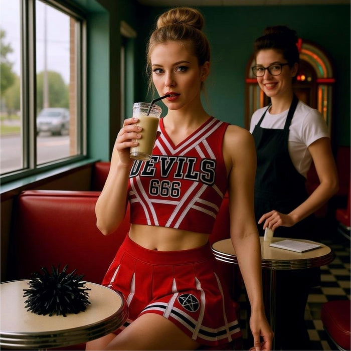 Satans Cheerleader Costume Set Red Devils 666 Top w/ Pleated Skirt & Pom Poms -  - Costumes