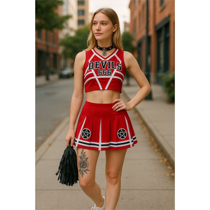 Satans Cheerleader Costume Set Red Devils 666 Top w/ Pleated Skirt & Pom Poms -  - Costumes