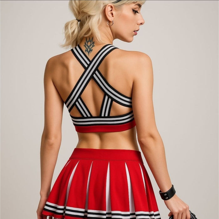 Satans Cheerleader Costume Set Red Devils 666 Top w/ Pleated Skirt & Pom Poms -  - Costumes