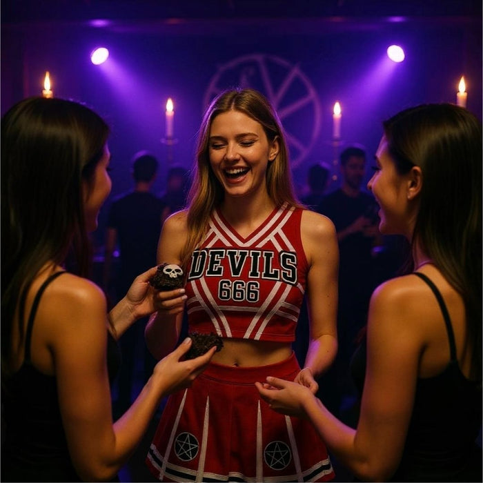 Satans Cheerleader Costume Set Red Devils 666 Top w/ Pleated Skirt & Pom Poms -  - Costumes