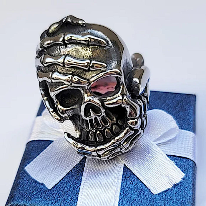 Shut Up Men's Biker Ring | Black Oxidized Stainless Steel - Evil King Theme - A Gothic Universe - Rings