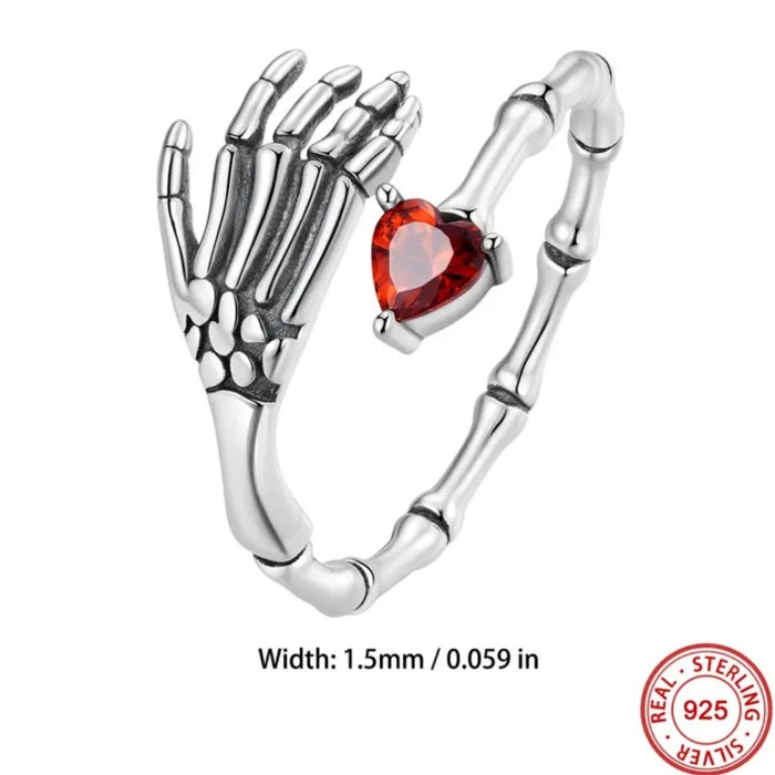 Skull Hug Ring | Sterling Silver Ruby Heart Shaped Crystal Wrap Around Style - A Gothic Universe - Rings