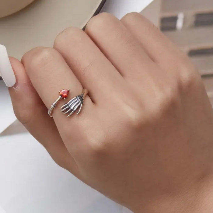 Skull Hug Ring | Sterling Silver Ruby Heart Shaped Crystal Wrap Around Style - A Gothic Universe - Rings