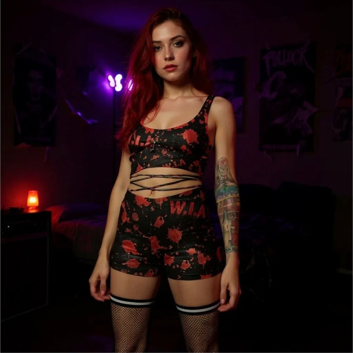 Terror Hot Shorts W/ Red Splatter Print & High Waist Fit -  - Shorts