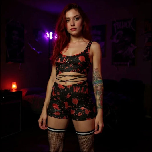 Terror Hot Shorts W/ Red Splatter Print & High Waist Fit -  - Shorts
