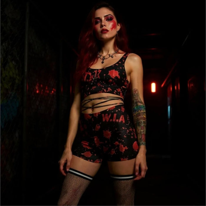 Terror Hot Shorts W/ Red Splatter Print & High Waist Fit -  - Shorts