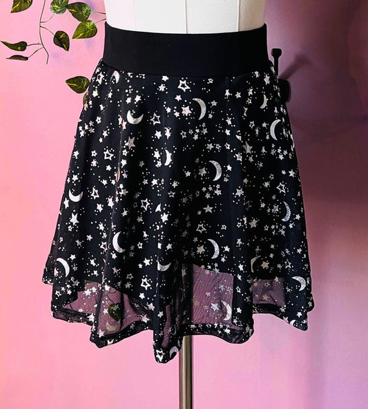 The Morbid Mini Skort - Moon & Stars - Metallic Celestial Skirt with Built In Shorts - PRE-ORDER -  -