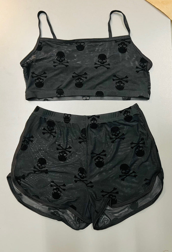 The Sinister Set - SKULLS - Sheer Velvet Flocked Skulls Bra & Shorts Set - PRE-ORDER -  -