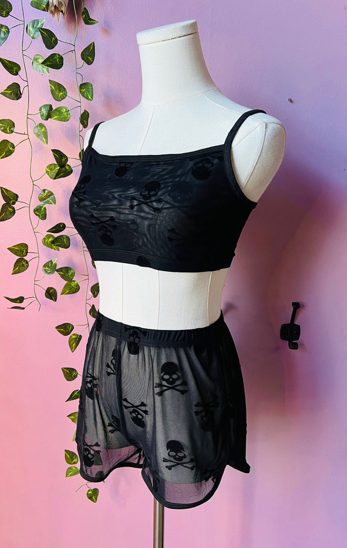 The Sinister Set - SKULLS - Sheer Velvet Flocked Skulls Bra & Shorts Set - PRE-ORDER -  -