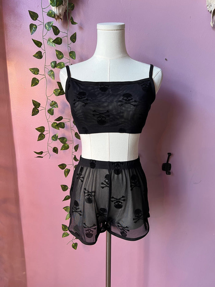 The Sinister Set - SKULLS - Sheer Velvet Flocked Skulls Bra & Shorts Set - PRE-ORDER -  -