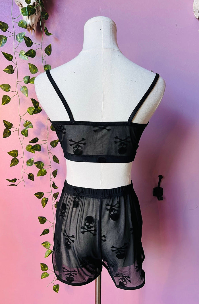 The Sinister Set - SKULLS - Sheer Velvet Flocked Skulls Bra & Shorts Set - PRE-ORDER -  -