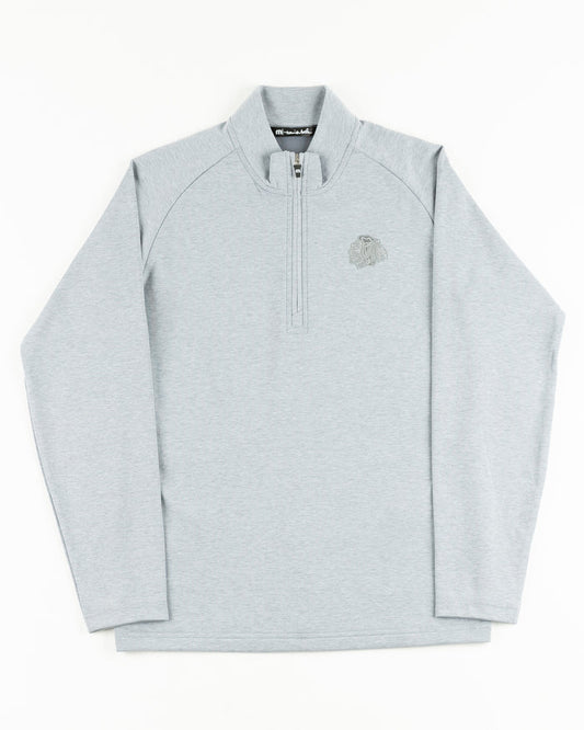 heather grey TravisMathew quarter zip with Chicago Blackhawks primary logo on left chest - front lay flat