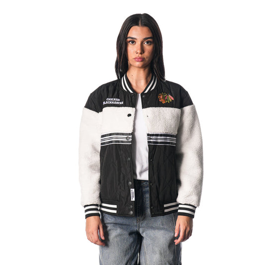 Wild Collective Chicago Blackhawks Women's Quilted Sherpa Full-Snap Bomber Jacket