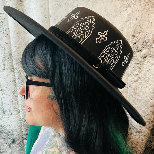 Vegan Felt Wide Brim Hat - Flat Top XL Brim - "Rot Iron Arches" -  -
