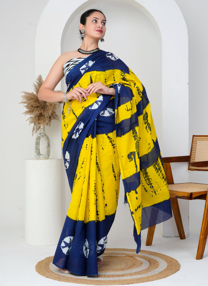 Yellow - Navy Blue Cotton Saree